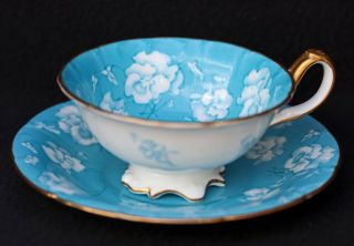 Cauldon Antique Footed Cup & Saucer Turquoise Blue Floral England Pitkin Brooks
