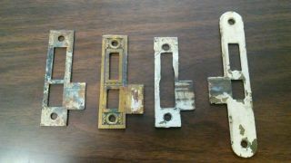 4 Old Brass Plated Steel Door Jamb Mortise Lock Strike Plate Keeper Catch