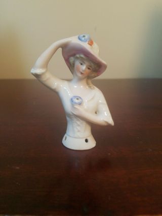 Vintage Half Doll Pin Cushion Head,  Germany,  Porcelain (3 " Tall By 2 " Wide)