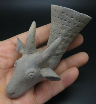 Ancient Persian Terracotta Ceremonial Rhyton Vessel With Bull Head