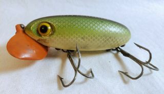 Vintage Fred Arbogast Jitterbug Fishing Lure Orange Plastic Lip Rare Green Scale