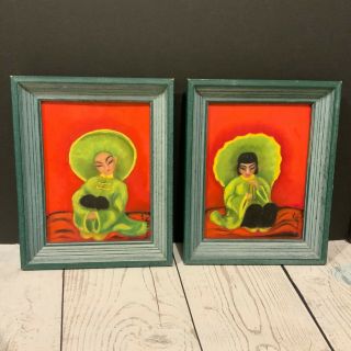 Pair Mid Century Vintage Small Framed Oil Paintings Asian Shelf Sitters