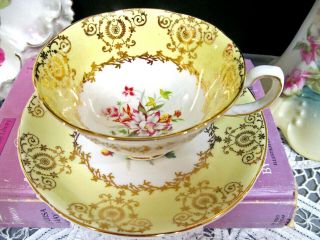 Royal Grafton Tea Cup And Saucer Yellow Floral Gold Gilt Teacup 1940s