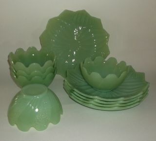 Rare 10 Pc Set Vintage Fire King Jadeite Lotus Blossom Bowls & Dessert Plates