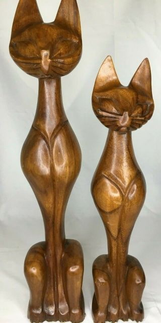 2 Vintage Hand Carved Solid Wood Cat 21 " And 18 " Statues