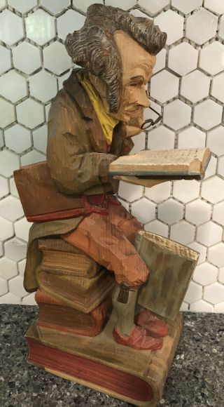 Vintage Antique German Hand Crafted Carved Wood Carving Man With Books Reading
