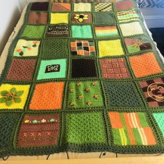 Vtg Handmade Crocheted Granny Square Boho Knit Afghan Throw Full 73 " X 50 "