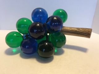 Vintage Heavy Blue & Green Large Lucite Grapes Bunch & Wood