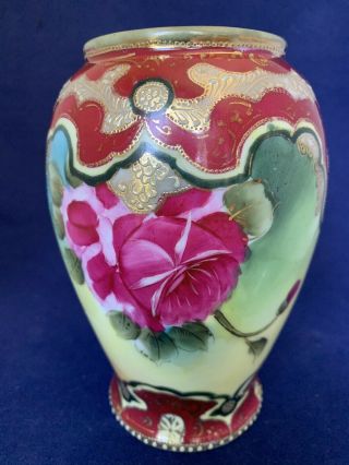 Stunning Antique Hand - Painted Japanese Nippon? Moriage Beaded 6” Flowered Vasec2
