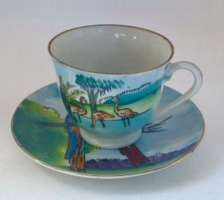 Vintage Florida Souvenir Rare Bird Farm Miami Fl Hand Painted Cup & Saucer Japan