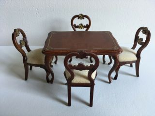 Vtg Lundby Doll House Wood Dining Table With Four Upholstered Chairs 1983