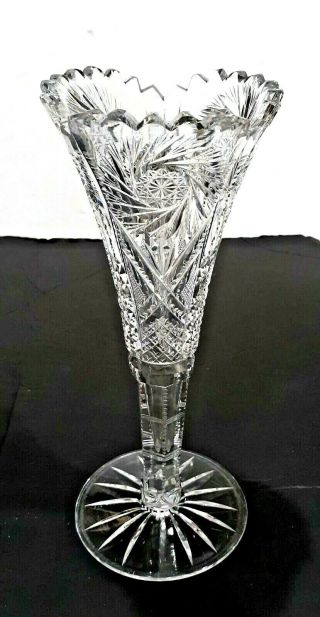 Antique Abp Cut Glass Trumpet Vase Pinwheels Hobstar Notches Strawberry Diamonds