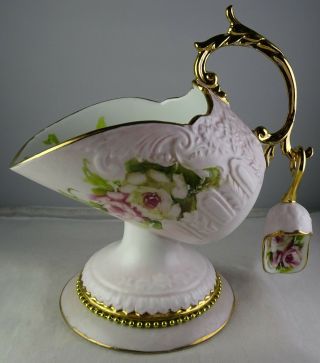 Porcelain Coal Scuttle With Shovel Hand Painted Floral Pink & White