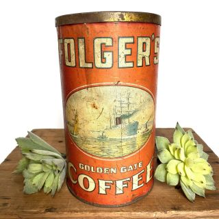 Rare Vintage Folgers Coffee Can Golden Gate Key Wind 2 1/2 Pound Tin 3 Ships 2.  5