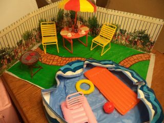 Vintage Arco Fashion Doll Backyard Pool Play Set Barbie Grill Dishes Pool Toys