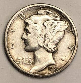 1931 D Mercury Silver Dime.  Au Rare Key Date Coin