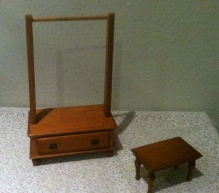 Vintage Wood Dollhouse Furniture Clothes Rack With Drawer And Bench/table