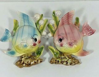 Rare 50s Vintage Norcrest Fish Wall Plaques Ceramic Hanging Luster Colors