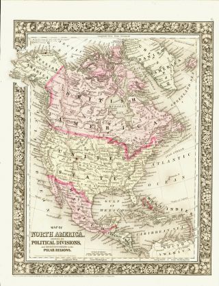 1860 Mitchell Hand Colored Map North America,  Polar Regions - Civil War Era