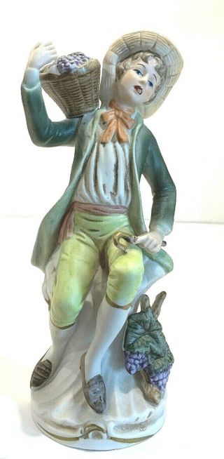 Vintage Baroque Made In Italian Figurine Young Man Holding Basket Of Grapes