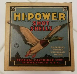 Vintage Federal Hi - Power 16 Ga.  Shotgun Shell Box Rare Empty Collector