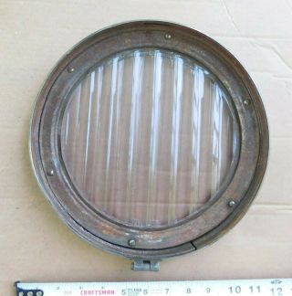 ANTIQUE BAUSCH & LOMB FLAT GLASS HEADLIGHT LENS IN RING WITH CADILLAC EMBLEM 2