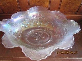 Antique Dugan White Carnival Glass " Wreathed Cherry " Berry Bowl Large 13 " Rare