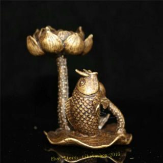 Collect Old Chinese pure copper Hand - made Fish lotus flower Stick Incense Holder 2