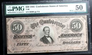 T - 66 $50 1864 Confederate Currency Csa Pmg 50 Pf - 6 R9 " 3 Over 1 " Series Rare