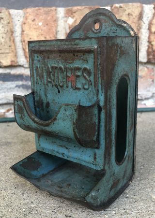 Antique Steel Wall Mount Match Box Double Holder Blue Vintage