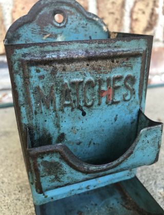 Antique Steel Wall Mount Match Box Double Holder Blue Vintage 2