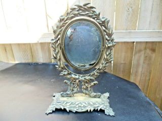Vtg Rare French Victorian Floral Brass Table Top Vanity Tilting Mirror.  Heavy
