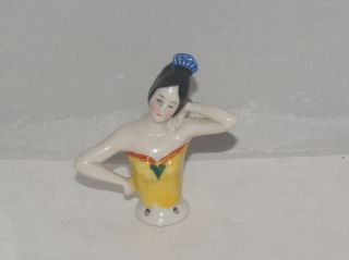 Antique Art Deco German Porcelain Pincushion Half Doll Flapper Yellow Dress