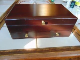 Vintage Thick Solid Mahogany Wood Jewelry Box Dresser Top Storage Brass Handled