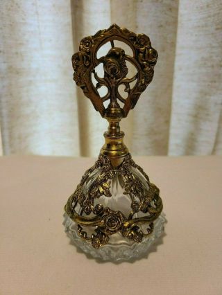 Vintage Antique Vanity Gold Ormolu Filigree Perfume Bottle With Glass Dauber