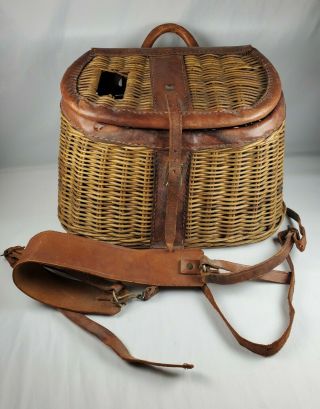 Creel Fly Fishing Wicker Basket With Detached Leather Strap Ruler On Top