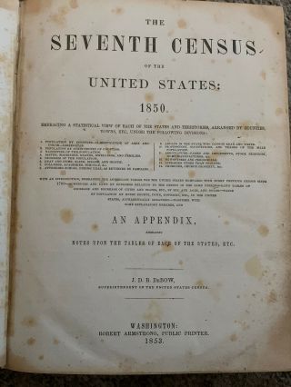 Antique Seventh Census Of The United States 1850 Hardcover Book 170 Y/o