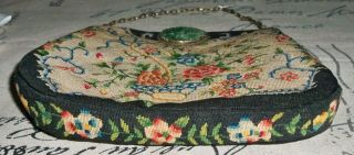 ANTIQUE WOVEN TAPESTRY PURSE WITH CARVED JADE FLOWER CLASP 3