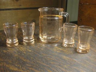 Vtg Pink Mosser Glass Jennifer Miniatures Tea Set Lemonade Set Pitcher & 4 Cups