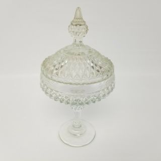 Vintage Cut Glass Diamond Point Candy Dish Compote Bowl On Pedestal With Lid
