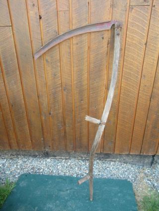 Old Antique 57 " Long Scythe Hay Grain Sickle Farm Tool Blade 25 " Long Decoration
