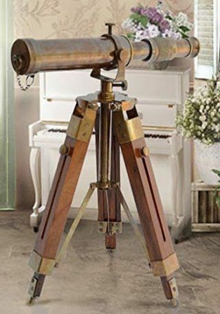 Vintage Antique Nautical Gift Decorative Solid Brass Telescope W/ Wooden Tripod