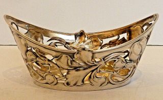 Art Nouveau Silver Small Oval Basket W/ Overall Pierced Tendril & Leaf Design