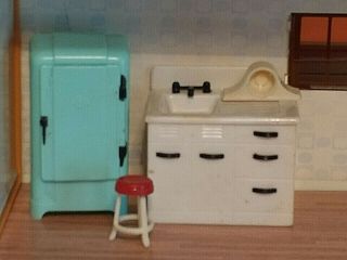 Rare Vintage Miniature 1:16 Renwal Dollhouse Blue Refrigerator White Sink Stool