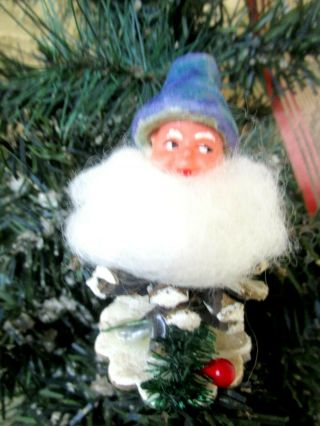 Vtg Rare Elf/gnome Pinecone&spun Cotton Blue Hat&wooly Beard Christmas Ornament