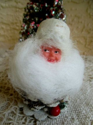 Vtg Rare Elf/gnome Pinecone&spun Cotton White Hat&wooly Beard Christmas Ornament
