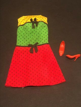 Vintage 1967 Barbie Doll Studio Tour 1690 Polka Dot Dress And Red Closed Shoes