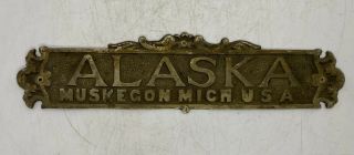 Antique Refrigerator Ice Box Advertising Alaska Muskegon Mi.  Brass Name Plate