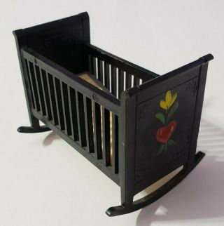 Renwal Dollhouse Furniture Black Crib Cradle With Baby Nursery 2.  75 " Vtg Usa