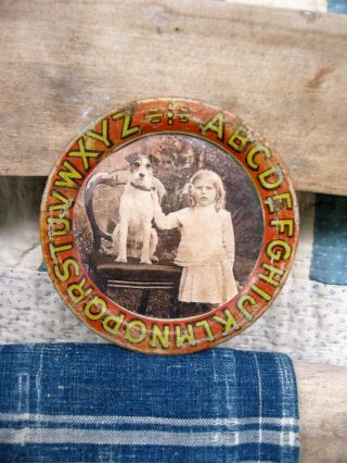 Small Antique Tin Abc Alphabet Plate Old Photo Print Girl W Dog 4 - 1/4 "